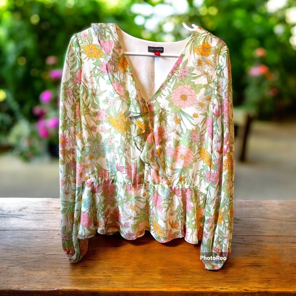 Vince Camuto Floral Ruffle Peplum Blouse Green Pink Long Sleeve Women’s‎ M